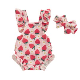 ZZLBUF Newborn Infant Baby Girl Summer Clothes Ruffle Floral Romper Bodysuit Overalls Headband 2Pcs Outfits (Strawberry Red, 12-18 Months)