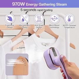 SEAINS Mini Steam Iron, Travel Steamer for Clothes Portable Mini Iron, Portable Steamer for Dry and Wet Ironing, 970W Handheld Steamer 180° Rotatable Garment Steamer Iron for Home Travel (Purple)