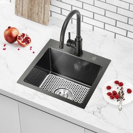 BURCHAIN 17 x 15 Inch Drop in Kitchen Sink Top mount Bar Sink 16 Gauge Stainless Steel Single Bowl Workstation with Sink Protector (Black)