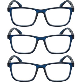 Calabria Unisex Rectangular Reading Glasses with Clear Lenses – R861 Acetate Frame | Spring Hinge Readers Men & Women | Eyeglasses with Case & Cloth | Magnification 2.00x & Navy Blue Crystal (3 Pack)