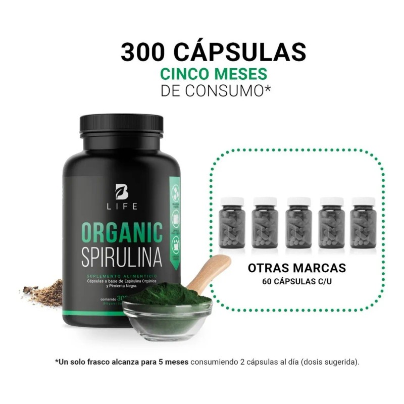Espirulina Organica De 300 Cáps 500mg Alga Spirulina B Life