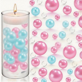 SURVART 200 Holeless Faux Pearls (20/14/8mm) with 10000 Clear Water Gel Beads for Vase Filler Sky Blue & Bright Pink Peal Beads Floating on Hydrated Clear Water Beads for Wedding, Party Décor