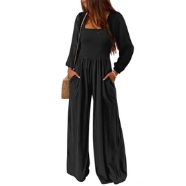 AUXDIO Jumpsuits for Women Fall Casual Dressy Square Neck Loose Elastic Waist Long Pant Romper with Pocket Party Black L