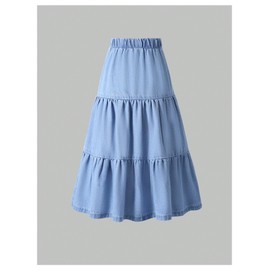 GORGLITTER Girl's Ruffle Denim Skirt High Waisted A Line Midi Jean Skirts Medium Wash 10Y