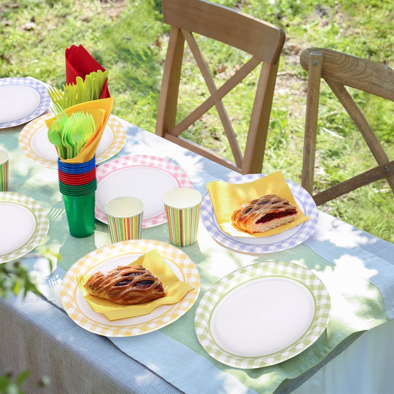 FYSUIMU 40 Pcs Pastel Gingham Oval Paper Plates Colorful Checkered