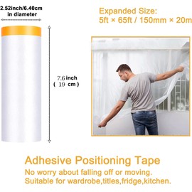 Painters Plastic With Tape, Pre-Taped Masking Film, 10 Rolls Automotive Best Tape and Drape, Paint Adhesive Protective Film Roll for Covering Skirting, Frames, Cars and Auto Body (5 X 65-Feet) (10)