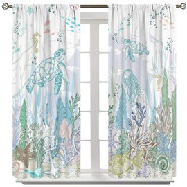 AAVEUP - Cortinas de tortugas oceánicas para niños, acuarelas simples de dibujos animados, estrellas de mar de coral y conchas marinas, medusas, velero, náuticas, para niños, niñas, cuarto de estar,