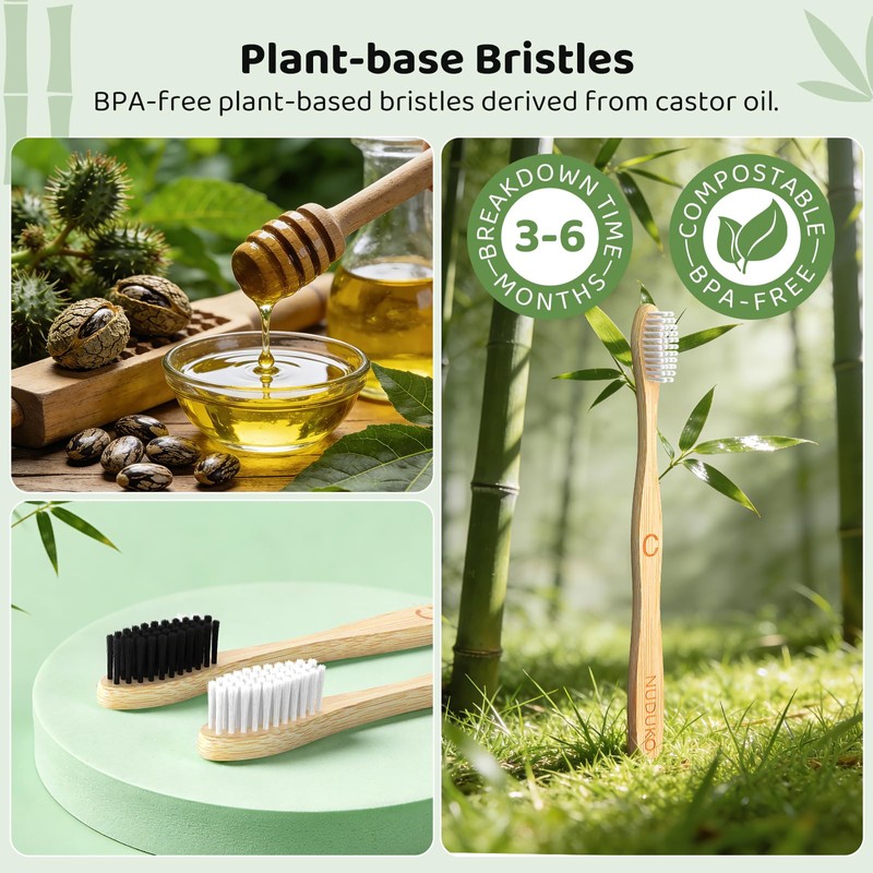 Bamboo Toothbrushes 10 Pack, BPA Free Plant Based Soft Bristle