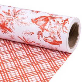 RUSPEPA Reversible Christmas Wrapping Paper Roll, Mini Roll, Vintage Red Botanical Bird and Pinecone Design, Red White Plaid Pattern Gift Wrap Paper for Elegant Holiday Gifts, 17 Inches x 32.8 Feet