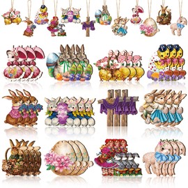 Patelai 36 Pcs Vintage Easter Ornaments for Tree Easter Retro Wooden Hanging Ornaments Cute Bunny Lamb Chick Egg Duck Classic Easter Decorations for Home Party Supplies