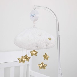 Little Love by NoJo White Sherpa Cloud Shaped Nursery Crib Musical Mobile with Shimmering Gold Metallic Stars, White, Gold