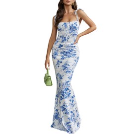 KUTUMAI Women's Summer Floral Bodycon Maxi Dress Spaghetti Strap Sleeveless Boho Long Dresses BFloral S