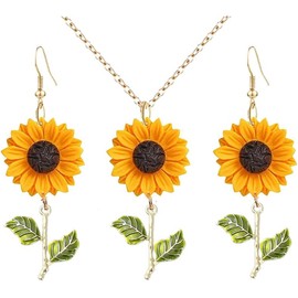 Juego de collar de aretes de girasol de resina para mujer, bonitos pendientes de flores de sol, resina, sin piedras preciosas, Resina, Sin piedra preciosa
