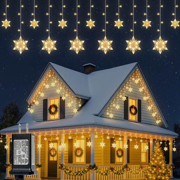 BEEWIN Christmas Snowflake Icicle Lights,8.2 FT 144 LED Curtain Lights