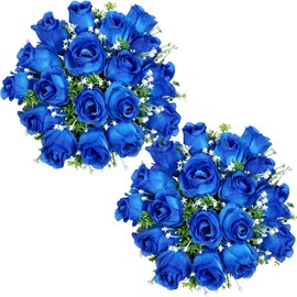 Scawim Cemetery Flowers for Grave, 2 Bundle 18 Artificial Silk Rose Flowers for Cemetery Royal Blue Roses Flower for Grave Home Garden Porch Wedding Funeral Decoration