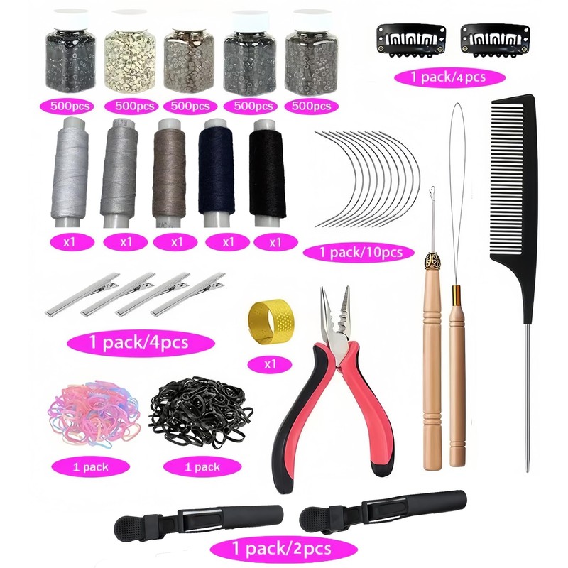 Hair Extension Tools Kit,2500 Silicone Lined Ring Beads,Pliers, Micro Link