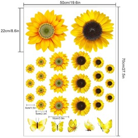 Large Sunflower Wall Stickers - 39 PCS Sunflower Daisy Decals for Wall 3D Butterfly Wall Sticker Sunflower Bathroom Nursery Decor Removable Yellow Flowers Decal for Kitchen Bedroom Decoration