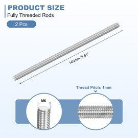 sourcing map 2Pcs M6-1.0x140mm Fully Threaded Rods, Threaded Rods Bar Studs, 304 Stainless Steel Long Thread Screws Hardware for U-Bolts, Anchors, Clamps, Hangers, Silver