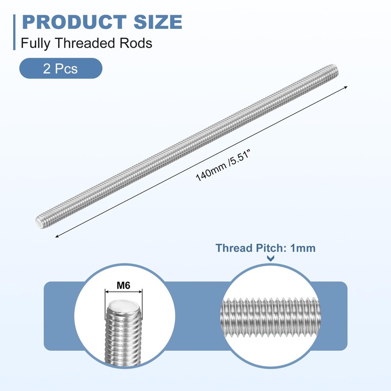 sourcing map 2Pcs M6-1.0x140mm Fully Threaded Rods, Threaded Rods Bar
