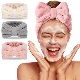 3 Pack Bow Hair Band Women Facial Makeup Head Band Soft Coral Fleece Head Wraps For Shower Washing,Spa Headband,(White,Pink, Gray)