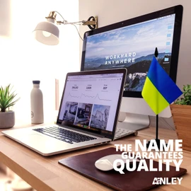 Anley Ukraine Deluxe Desk Flag Set - 6 x 4 Inch Miniature Ukrainian UKR UA Desktop Flag with 12" Solid Pole - Vivid Color and Fade Resistant - Black Base and Spear Top
