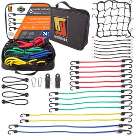 Wellmax Premium Bungee Cord Set with Heavy Duty Hooks and Bonus Accessories - 32 Piece Assortment Bag for Cargo, Camping, and More