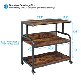 Fannova 32.3" Wide Extra Large Printer Stand, 3 Tier Printer Table with Adjustable Storage Shelf, Rolling Printer Cart with Industrial Wheels for Home Office, Rustic Brown