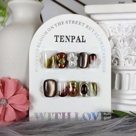 TENPAL Handmade Press On Nails With Tools Kit,Handmade 3D Floral Autumn Winter Grey White Brown Short Square Fake Nails,Glitter Cat Eye Retro Sweet Cool Glossy Glue on Nails 10pcs,Flower Nails(XS)