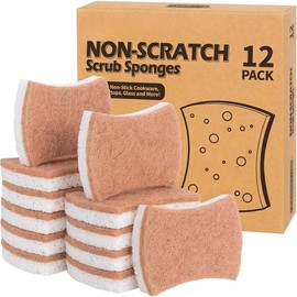 Non-Scratch Cellulose Scrub Sponges 24 Pack, Kitchen Sponge with Double-Side &  Design. Sturdy Sponge for Dishes, Coated Cookware, Sink, Countertops. - Color: Brown/White, Size: 12