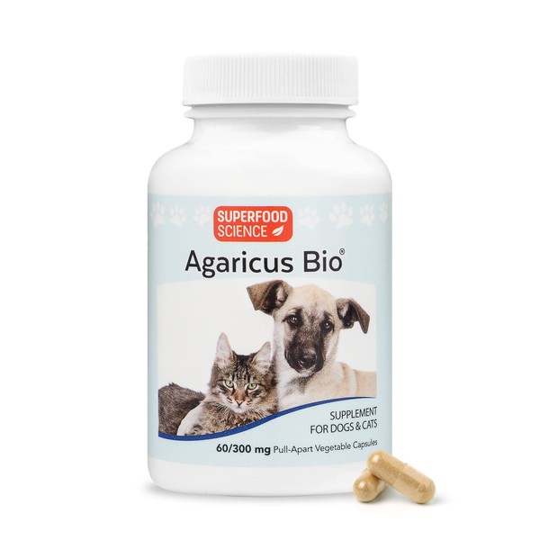 Superfood Science Agaricus Bio 300mg for Dog & Cat Wellness - Blazei Mushroom Rich in Beta-glucans, Natural Multivitamins & Antioxidants - Immune Support for Senior Pets, 60 Caps for Canine and Feline