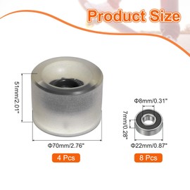 PATIKIL 70mm Skateboard Wheels, 1 Set 78A Hardness Street Wheels PU Flash Cruiser Wheels High Elasticity with 608RS Bearings for Skateboards Replacement, Transparent Black