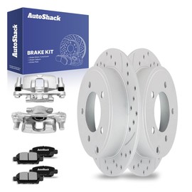 AutoShack Rear Drilled & Slotted Brake Rotors Ceramic Brake Pads Calipers | Replacement for Jeep Patriot Compass Dodge Avenger Caliber Chrysler 200 | Silver Coated | 8-PC Brake Kit | TurboGuard