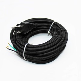 18/3 20Ft Vintage Electrical Wire with Plug Lamp Cord Rayon Covered Braided Black 18 AWG 3 Conductor 20 Feet Flexible Fabric Pendant Lighting Power Antique Cable(10A)