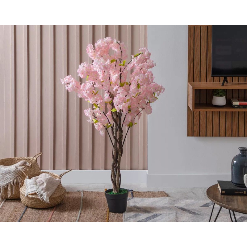 Starhaus Cerezo Planta Artificial Flores Rosas 120cm Con Maceta
