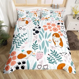 Erosebridal Kawaii Guinea Pig Duvet Cover,Cartoon Guinea Pig Bedding Set Full,Cute Love Heart Leaves Flowers Comforter Cover for Kids Girls Boys,Paw Print Animal Bed Set with 2 Pillow Cases