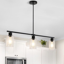 KMaiPem Kitchen Island Lighting, 3 Lights Linear Black Chandelier Light Fixture with Glass Shade, Industrial Kitchen Pendant Lighting Over Island, Modern Farmhouse Chandelier for Dining Room