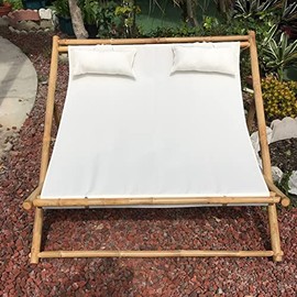 Zero Emission World Double Handcrafted Bamboo Lightweight Folding Sling Cushions for 2 Persons Patio Deck Chairs, White Canvas, Natural