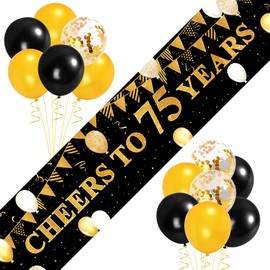 75th Birthday Decorations, Birthday Banner 'Cheers To 75 Years' Gold and Black Fabric Photo Backdrop Banner with Latex Balloons and Confetti Balloons, Birthday Party Decorations for Women, Men