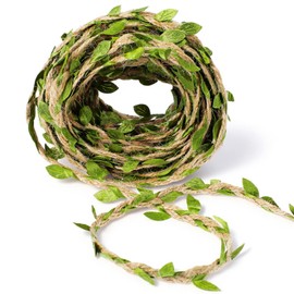Heclia Burlap Leaf Ribbon Twine for Crafts Natural Jute Twines Ribbon with Artificial Green Leaves 33ft Rustic Vine Garland Braided Burlap Twine for Woodland Baby Shower Jungle Party Wedding Decor
