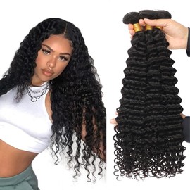 30 32 34 Inch Loose Deep Wave Bundles Natural Black Color 8A Grade Peruvian Virgin Remy Hair Mixed Length 3 Bundles Deep Curly BundlesHuman Hair Extensions No Tangle