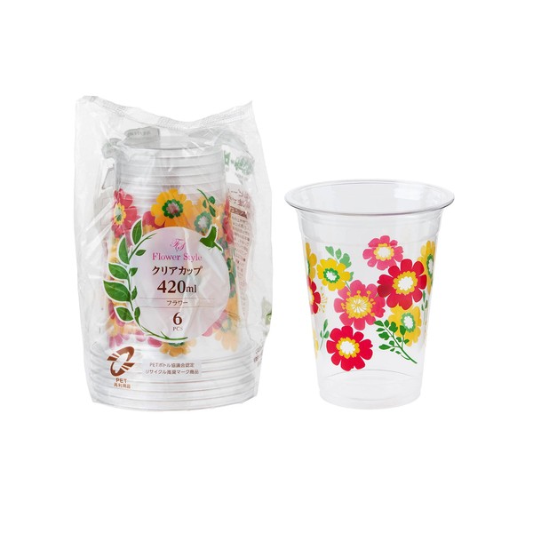 Strix Design SD-156 Plastic Cup, Clear Cups, 6 Pieces, Flowers, 14.2 fl oz (420 ml), Made in Japan, Recycled PET Formulation, Floral Pattern