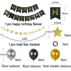 OLIVBIN Black and Gold Birthday Decorations for Boys Men，Black and Gold Happy Birthday Banner Party Decorations Gold Star Paper Flag and 18 PCS Balloons for Birthday Decorations Kit…