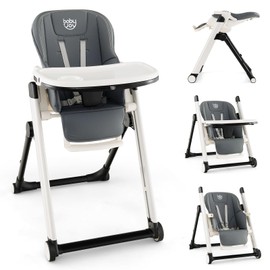 BABY JOY High Chair, Foldable High Chair for Babies and Toddlers with 7 Heights, 5 Recline Positions, Adjustable Footrest, Removable Double Tray & Cushion, Portable High Chair with Wheels (Dark Gray)