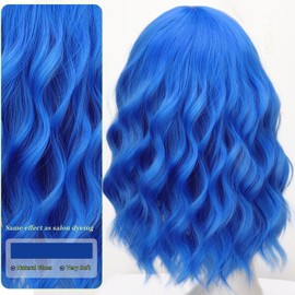 AISI HAIR Blue Synthetic Wavy Curly Bob Wig with Bangs Short Wavy Hair for Women Synthetic Heat Resistant Bob Wigs