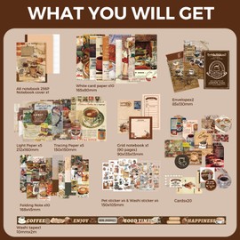Funto Scrapbooking Kit(123 PCS), Vintage Collection-Coffee Bazaar, Perfect for Bullet Scrapbooking Materials, Planner DIY Arts Craft Collage