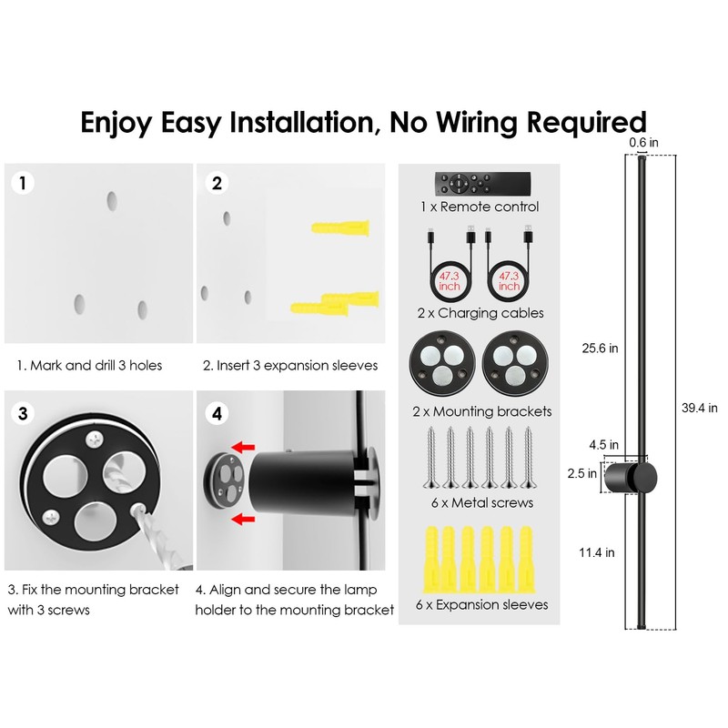 39.4 Inch Battery Operated Wall Sconces Set of Two, 12000mAh