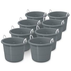 Life Story 8 Pack Open Storage Bucket, Round Plastic Container with Rope Handles, 17 Gallon, Gray