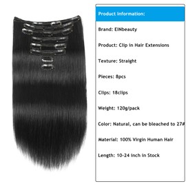 Straight Clip-In Real Hair Extensions, 8 Pieces, 120 g, Invisible Real Hair Wig Extensions, Clip-In Natural Black Clip Ins for Black Women, 16 Inches, 18 Clips