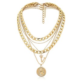 MJartoria Gold Layered Necklaces for Women Trendy Retro Coin Crown Letter Pendant Necklace Dainty Chunky Chain Choker Necklaces for Jewelry Birthday Gifts (Gold, V)