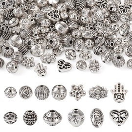 Pandahall 130Pcs Tibetan Spacer Beads Antique Silver Rondelle Bicone Beads 13 Styles Metal Rondelle Barrel Bead Bracelet Spacer Beads for Women Men Jewelry Making Necklace Earring Supplies